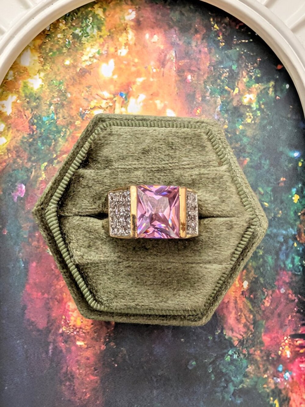 Vintage Chunky Gold Tone Statement Ring with Square Cut Pink CZ Stone, Size 9.5